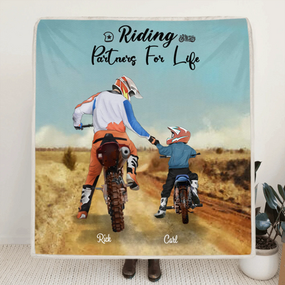 Personalized Riding Quilt/Fleece Blanket- Father and 1 Son, Up to 2 Sons - Best Gift for Bikers - Riding Partners For Life - IAKT4L