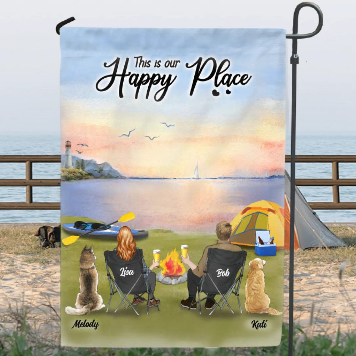 Personalized  Kayak Camping Flag - Up to 3 Pets - This Is Our Happy Place