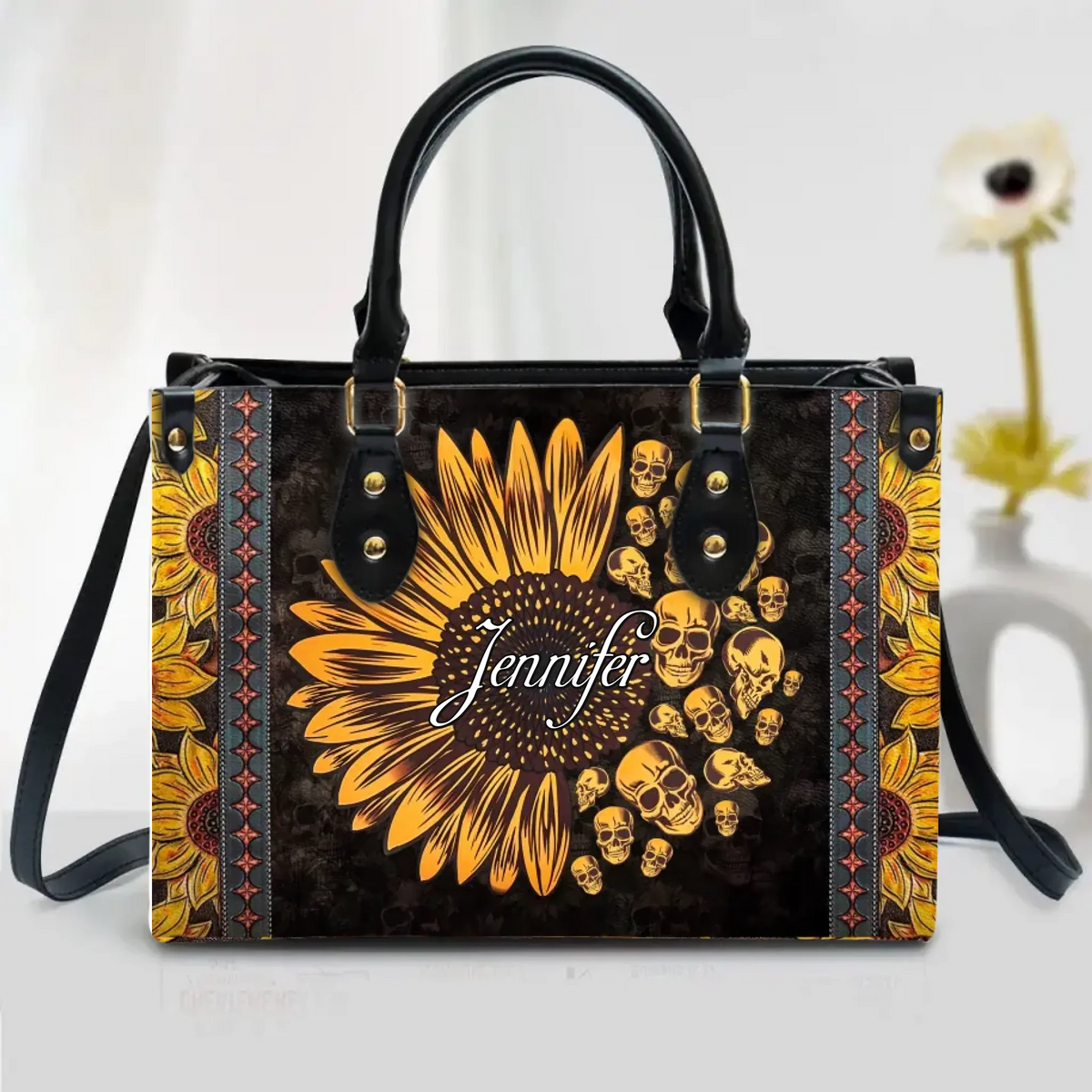 Personalized Skull Sunflower Leather Handbag With Long Straps - Gift Idea For Mom/Grandma/Friend/Mother's Day