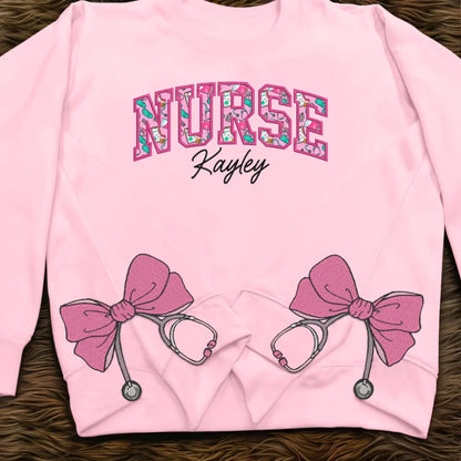 Personalized Applique Nurse Embroidered Side Bow Sweatshirt - Gift Idea For Nurse