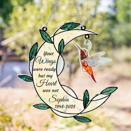 Personalized Memorial Moon Shape Hologram Window Decor With Hanging Piece - Memorial Gift For Family Members