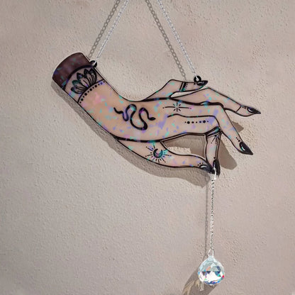 Witchy Hand Stained Glass Effect - Hologram Window Hanging With Charm - Gift Idea For Witch Lover
