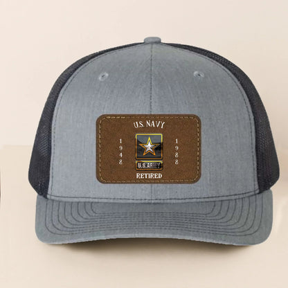 Personalized Retired Veteran Leather Patch Snapback Trucker Cap - Retirement/Veteran Gift For Dad