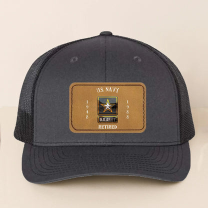 Personalized Retired Veteran Leather Patch Snapback Trucker Cap - Retirement/Veteran Gift For Dad