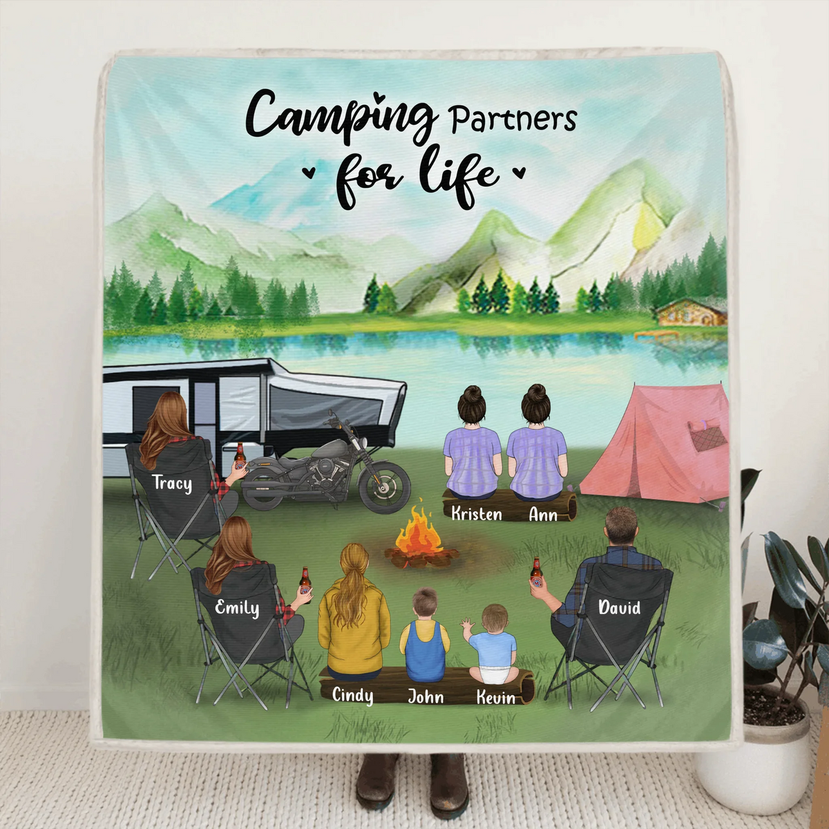Personalized Camping Blanket - Gift For The Whole Family, Camping Lovers - 3 Adults with 5 Kids - Camping Partners For Life