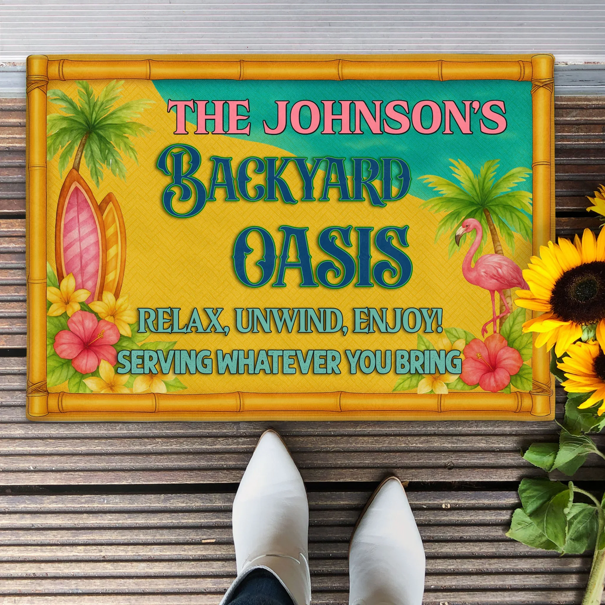 Personalized Backyard Oasis Doormat -  Tropical Welcome Mat - Relax Unwind Enjoy