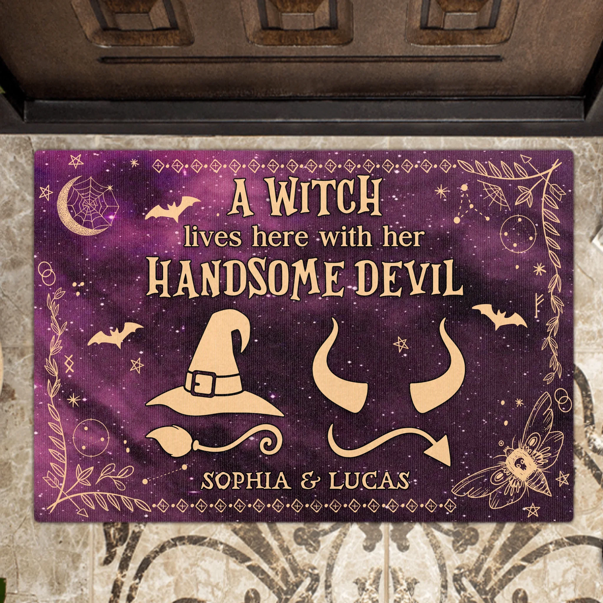 Personalized Witch & Devil Doormat - Gift Idea For Couple - A Witch Lives Here With Her Handsome Devil