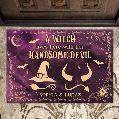 Personalized Witch & Devil Doormat - Gift Idea For Couple - A Witch Lives Here With Her Handsome Devil