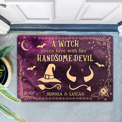 Personalized Witch & Devil Doormat - Gift Idea For Couple - A Witch Lives Here With Her Handsome Devil