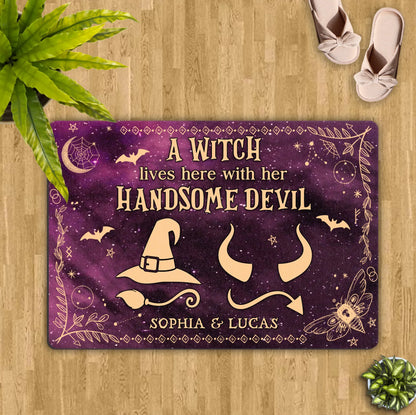 Personalized Witch & Devil Doormat - Gift Idea For Couple - A Witch Lives Here With Her Handsome Devil