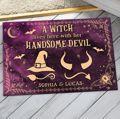 Personalized Witch & Devil Doormat - Gift Idea For Couple - A Witch Lives Here With Her Handsome Devil