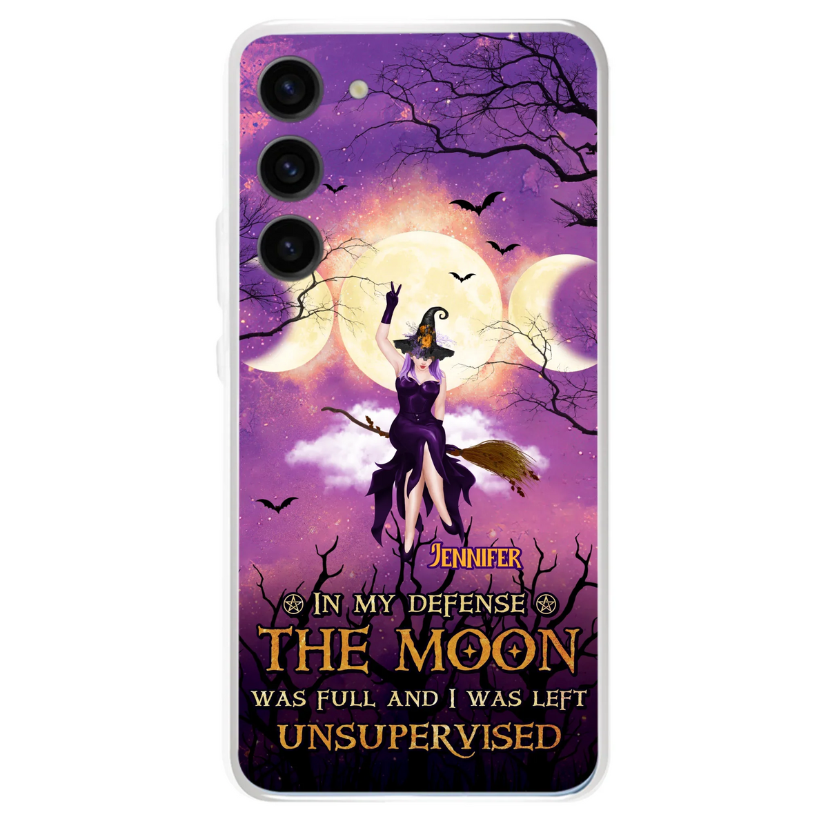 Custom Personalized Witch Riding Broom Phone Case - Halloween Gift Idea For Friends - In My Defense The Moon Was Full And I Was Left Unsupervised - Case For iPhone And Samsung