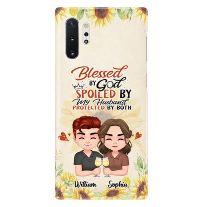 Custom Personalized Chibi Couple Phone Case - Gift Idea For Couple - Blessed By God, Spoiled By My Husband, Protected By Both - Case For iPhone & Samsung