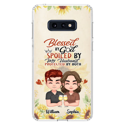 Custom Personalized Chibi Couple Phone Case - Gift Idea For Couple - Blessed By God, Spoiled By My Husband, Protected By Both - Case For iPhone & Samsung