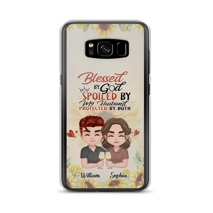 Custom Personalized Chibi Couple Phone Case - Gift Idea For Couple - Blessed By God, Spoiled By My Husband, Protected By Both - Case For iPhone & Samsung