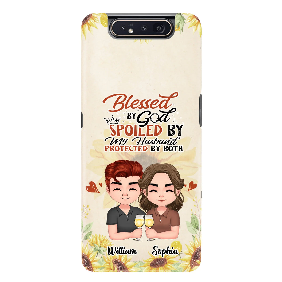 Custom Personalized Chibi Couple Phone Case - Gift Idea For Couple - Blessed By God, Spoiled By My Husband, Protected By Both - Case For iPhone & Samsung