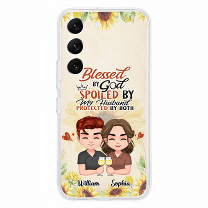 Custom Personalized Chibi Couple Phone Case - Gift Idea For Couple - Blessed By God, Spoiled By My Husband, Protected By Both - Case For iPhone & Samsung