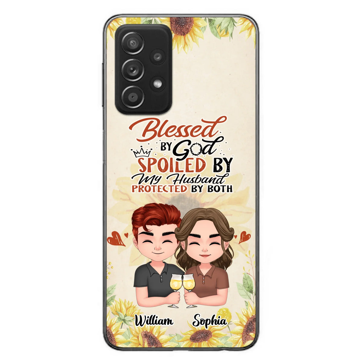 Custom Personalized Chibi Couple Phone Case - Gift Idea For Couple - Blessed By God, Spoiled By My Husband, Protected By Both - Case For iPhone & Samsung