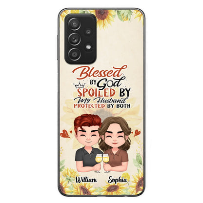 Custom Personalized Chibi Couple Phone Case - Gift Idea For Couple - Blessed By God, Spoiled By My Husband, Protected By Both - Case For iPhone & Samsung