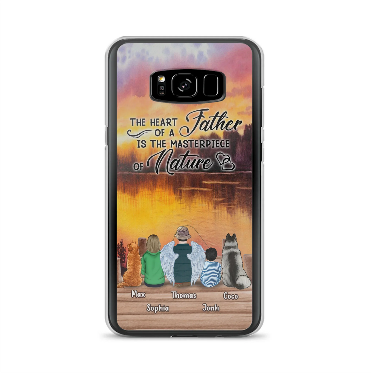 Custom Personalized Father Fishing Phone Case - Father With Up to 2 Kids And 2 Pets - Gift Idea For Father/ Fishing Lover - The Heart Of A Father Is The Masterpiece Of Nature - Case For iPhone And Samsung