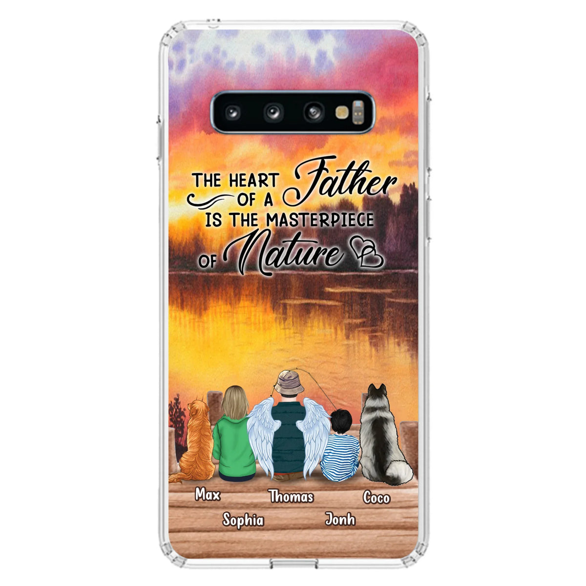Custom Personalized Father Fishing Phone Case - Father With Up to 2 Kids And 2 Pets - Gift Idea For Father/ Fishing Lover - The Heart Of A Father Is The Masterpiece Of Nature - Case For iPhone And Samsung