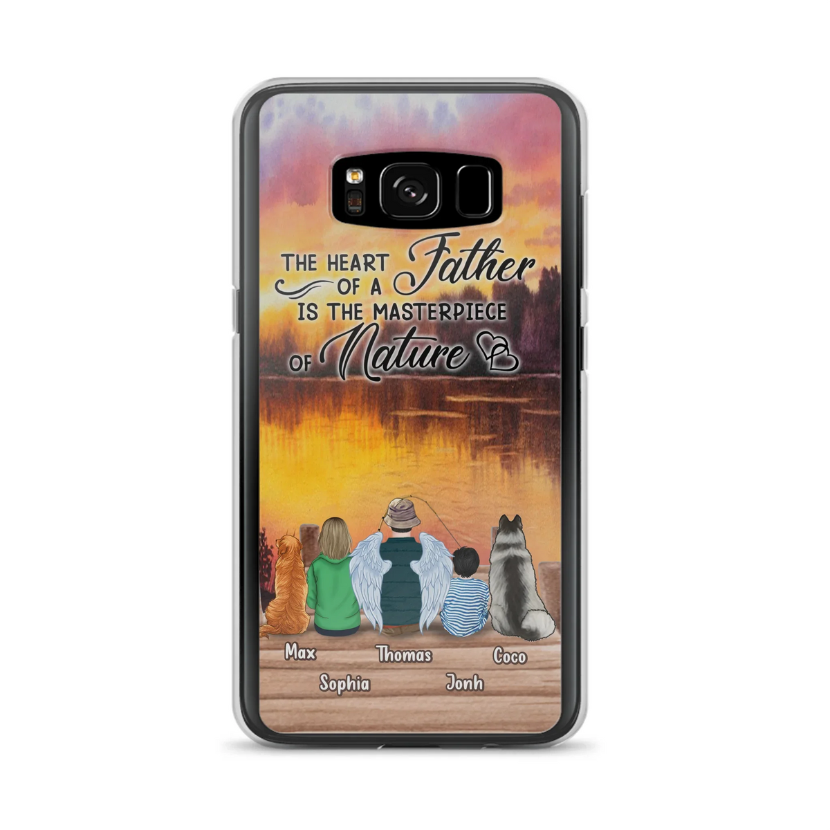 Custom Personalized Father Fishing Phone Case - Father With Up to 2 Kids And 2 Pets - Gift Idea For Father/ Fishing Lover - The Heart Of A Father Is The Masterpiece Of Nature - Case For iPhone And Samsung