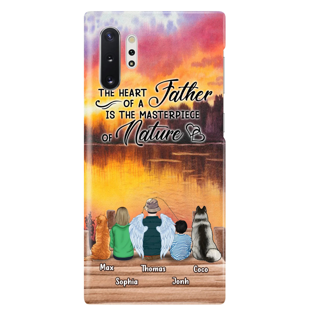 Custom Personalized Father Fishing Phone Case - Father With Up to 2 Kids And 2 Pets - Gift Idea For Father/ Fishing Lover - The Heart Of A Father Is The Masterpiece Of Nature - Case For iPhone And Samsung