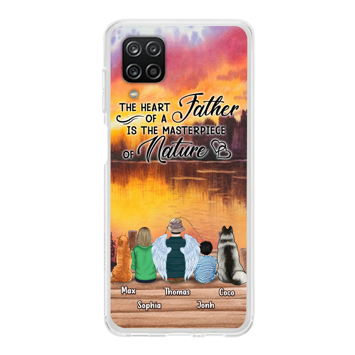 Custom Personalized Father Fishing Phone Case - Father With Up to 2 Kids And 2 Pets - Gift Idea For Father/ Fishing Lover - The Heart Of A Father Is The Masterpiece Of Nature - Case For iPhone And Samsung