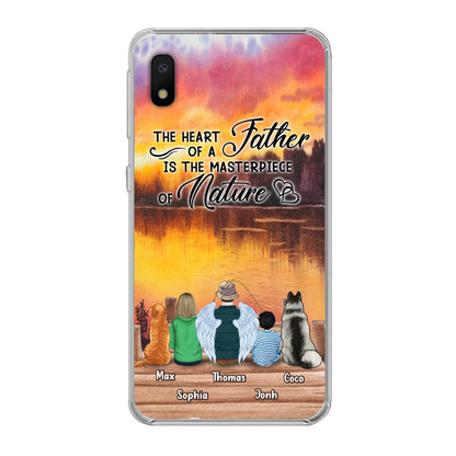 Custom Personalized Father Fishing Phone Case - Father With Up to 2 Kids And 2 Pets - Gift Idea For Father/ Fishing Lover - The Heart Of A Father Is The Masterpiece Of Nature - Case For iPhone And Samsung