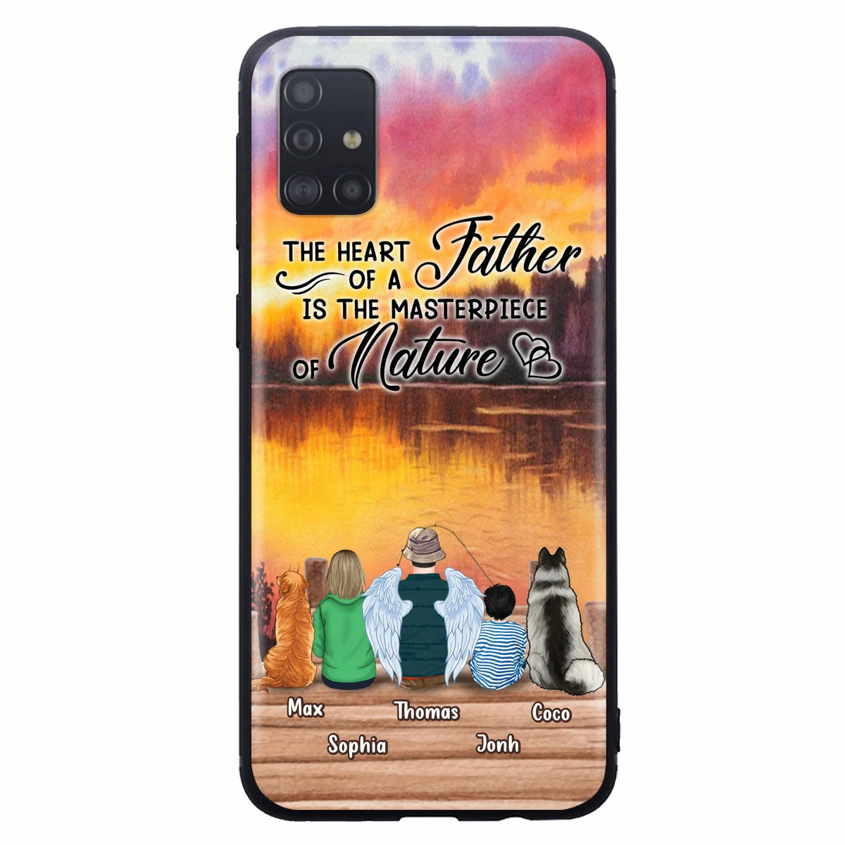 Custom Personalized Father Fishing Phone Case - Father With Up to 2 Kids And 2 Pets - Gift Idea For Father/ Fishing Lover - The Heart Of A Father Is The Masterpiece Of Nature - Case For iPhone And Samsung