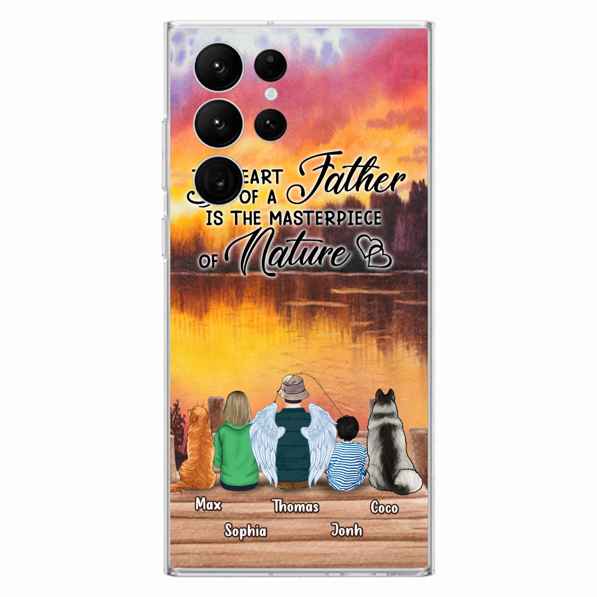 Custom Personalized Father Fishing Phone Case - Father With Up to 2 Kids And 2 Pets - Gift Idea For Father/ Fishing Lover - The Heart Of A Father Is The Masterpiece Of Nature - Case For iPhone And Samsung