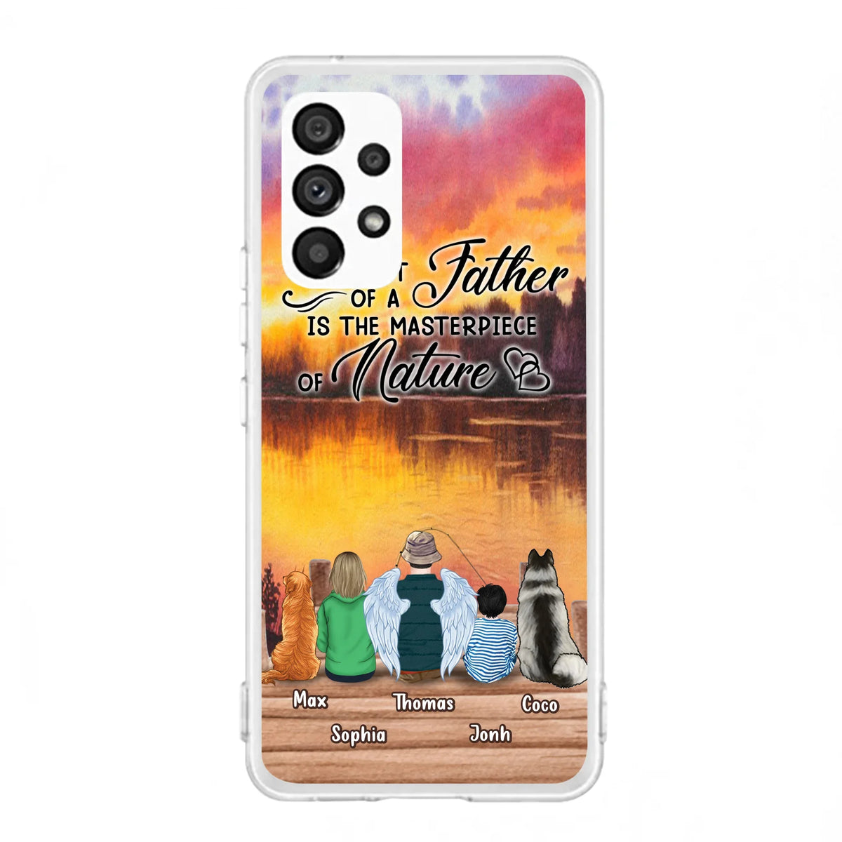 Custom Personalized Father Fishing Phone Case - Father With Up to 2 Kids And 2 Pets - Gift Idea For Father/ Fishing Lover - The Heart Of A Father Is The Masterpiece Of Nature - Case For iPhone And Samsung
