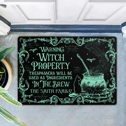 Personalized Witch Doormat - Halloween Gift Idea For Family - Warning Witch Property Trespassers Will Be Used As Ingredients In The Brew