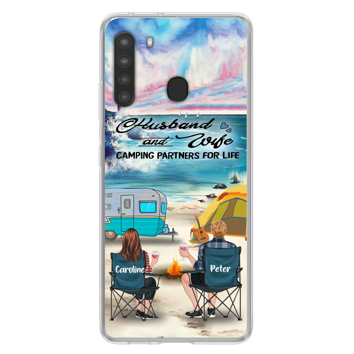 Custom Personalized Beach Camping Phone Case - Couple/ Parents With Upto 3 Kids And 3 Pets - Gift Idea For Camping Lover - Case For iPhone And Samsung