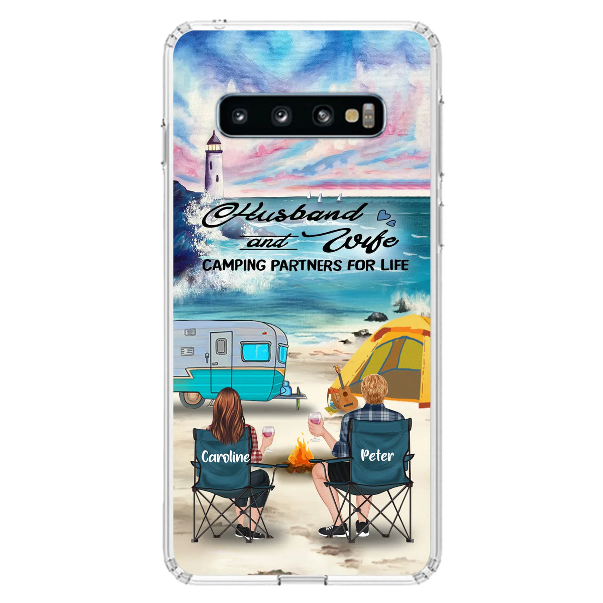 Custom Personalized Beach Camping Phone Case - Couple/ Parents With Upto 3 Kids And 3 Pets - Gift Idea For Camping Lover - Case For iPhone And Samsung