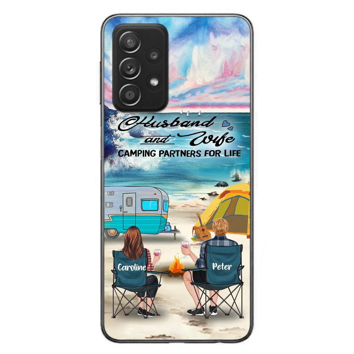 Custom Personalized Beach Camping Phone Case - Couple/ Parents With Upto 3 Kids And 3 Pets - Gift Idea For Camping Lover - Case For iPhone And Samsung