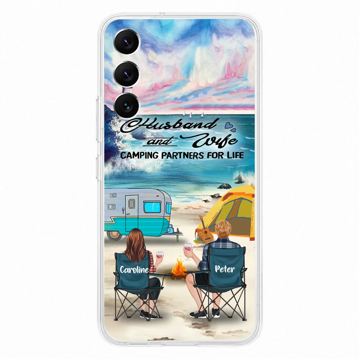 Custom Personalized Beach Camping Phone Case - Couple/ Parents With Upto 3 Kids And 3 Pets - Gift Idea For Camping Lover - Case For iPhone And Samsung