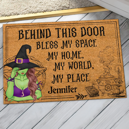 Personalized Witch Doormat - Halloween Gift Idea For Witch Lover - Behind This Door Bless My Space My Home My World My Place