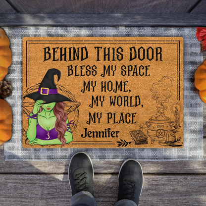 Personalized Witch Doormat - Halloween Gift Idea For Witch Lover - Behind This Door Bless My Space My Home My World My Place
