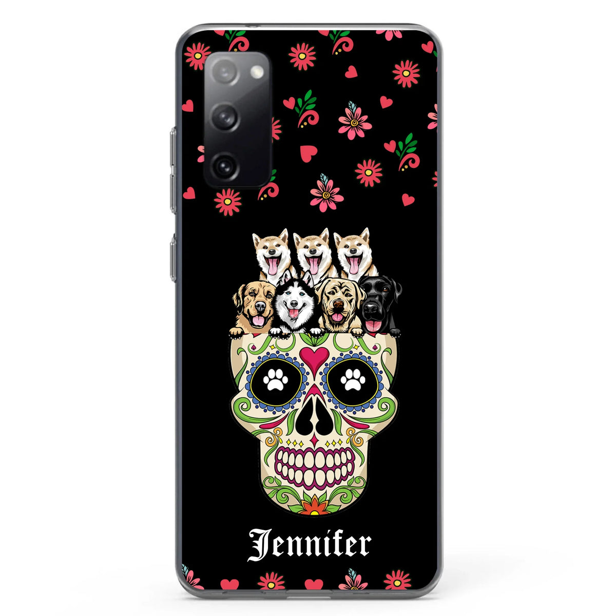 Custom Personalized Sugar Skull Pets Phone Case - Gift for Dog/Cat Lovers - Up to 7 Pets