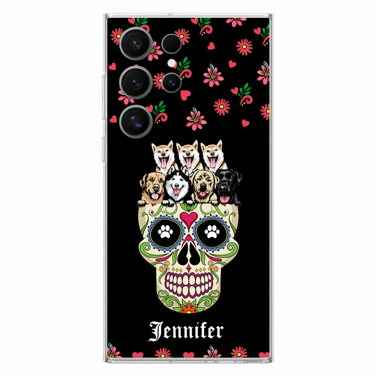 Custom Personalized Sugar Skull Pets Phone Case - Gift for Dog/Cat Lovers - Up to 7 Pets