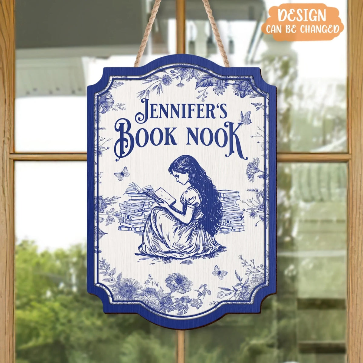 Custom Name Book Nook Wooden Sign - Bookism Gift - Chinoiserie Toile De Jouy