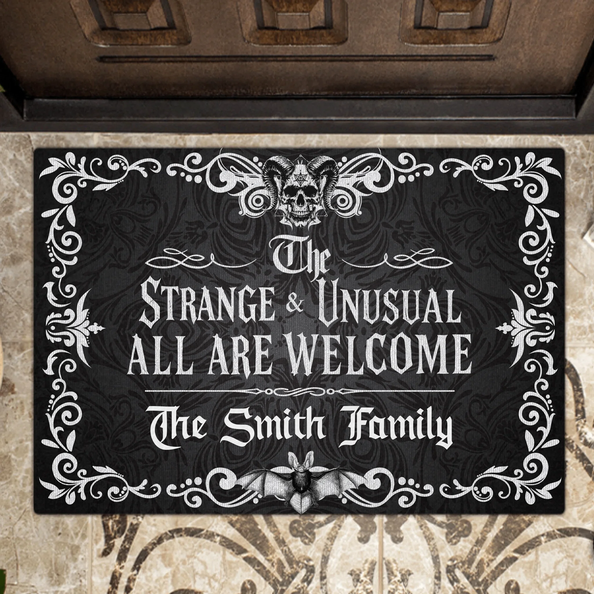 Personalized Gothic Doormat - Halloween Gift Idea For Family - The Strange & Unusual All Are Welcome