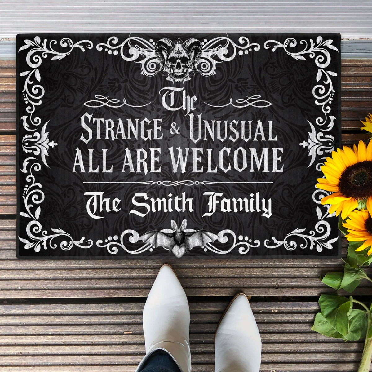 Personalized Gothic Doormat - Halloween Gift Idea For Family - The Strange & Unusual All Are Welcome