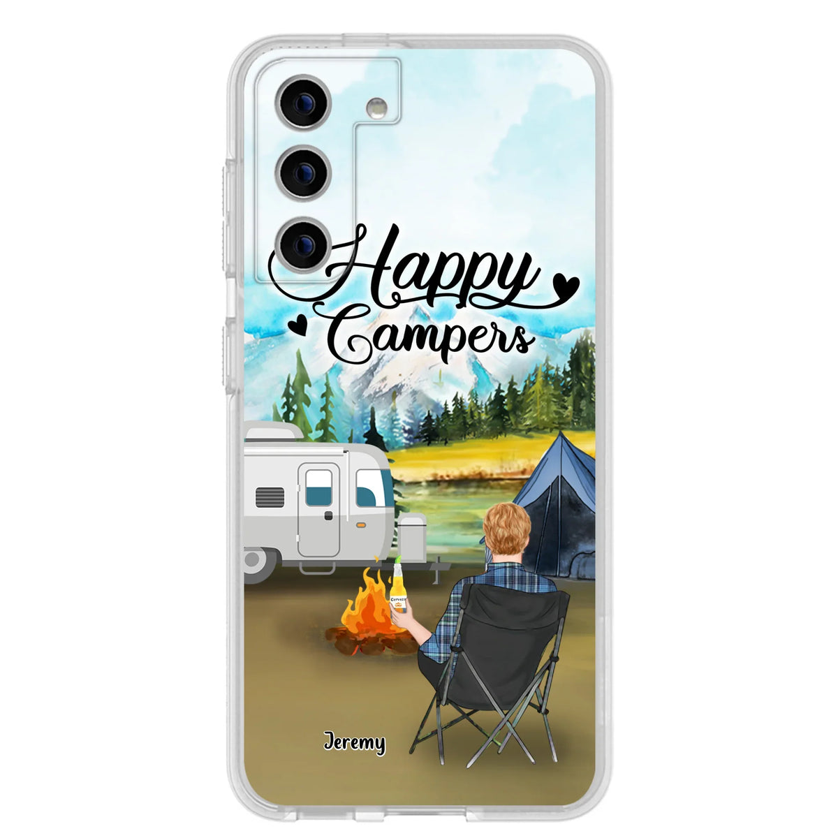Personalized Camping Phone Case- Single Parent/ Couple With Upto 3 Dogs - Happy Campers - Phone Case For iPhone And Samsung
