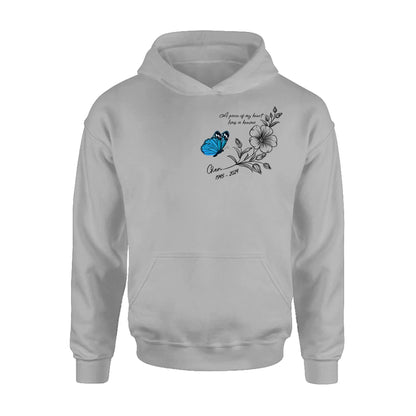 Personalized Memorial Butterfly Shirt/Hoodie - Gift Idea For Loss Of Family Member - A Piece Of My Heart Lives In Heaven