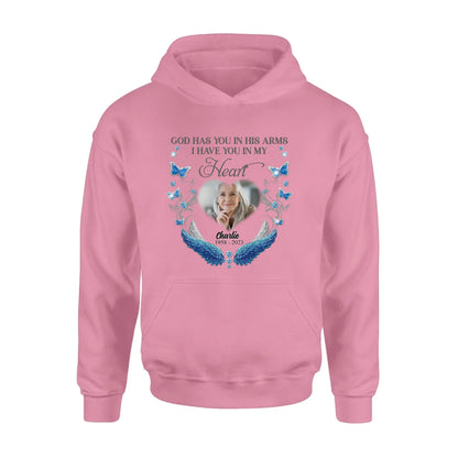 Personalized Memorial Photo Shirt/Hoodie - Memorial Gift Idea for Mother's Day/Father's Day - God Has You In His Arms I Have You In My Heart