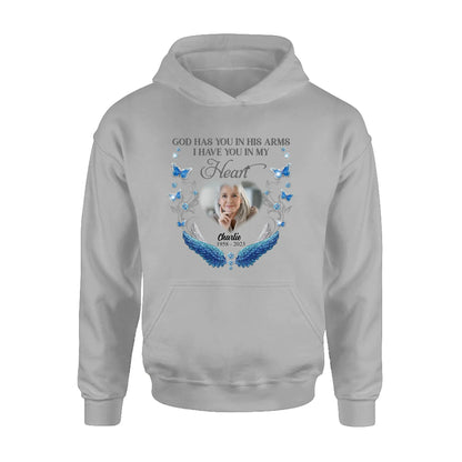 Personalized Memorial Photo Shirt/Hoodie - Memorial Gift Idea for Mother's Day/Father's Day - God Has You In His Arms I Have You In My Heart