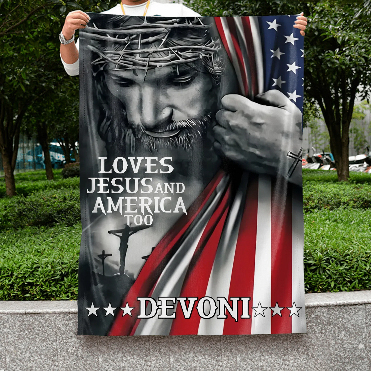 Personalized Patriotic Christian Flag - Independence Day Gift - Loves Jesus and America Too