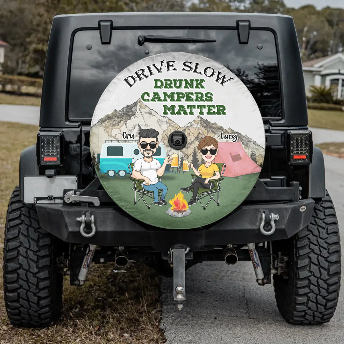 Personalized Camping Couple Spare Tire Cover - Couple With Up to 4 Dogs - Gift Idea For Camping/Dog Lover - Drive Slow Drunk Campers Matter